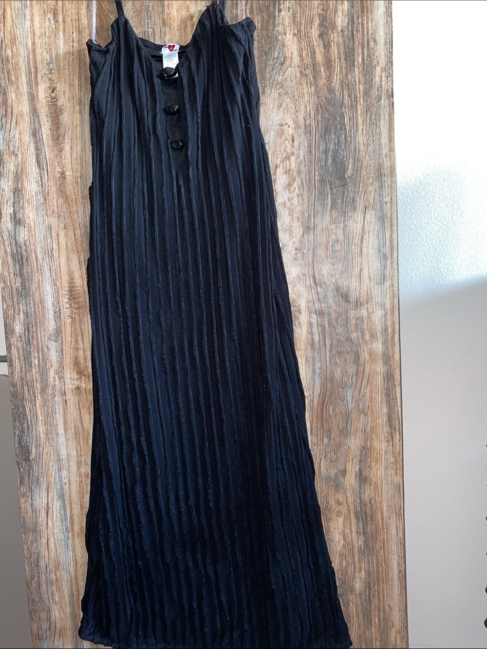 Black Pleated Maxi Slip Dress with Button Detail